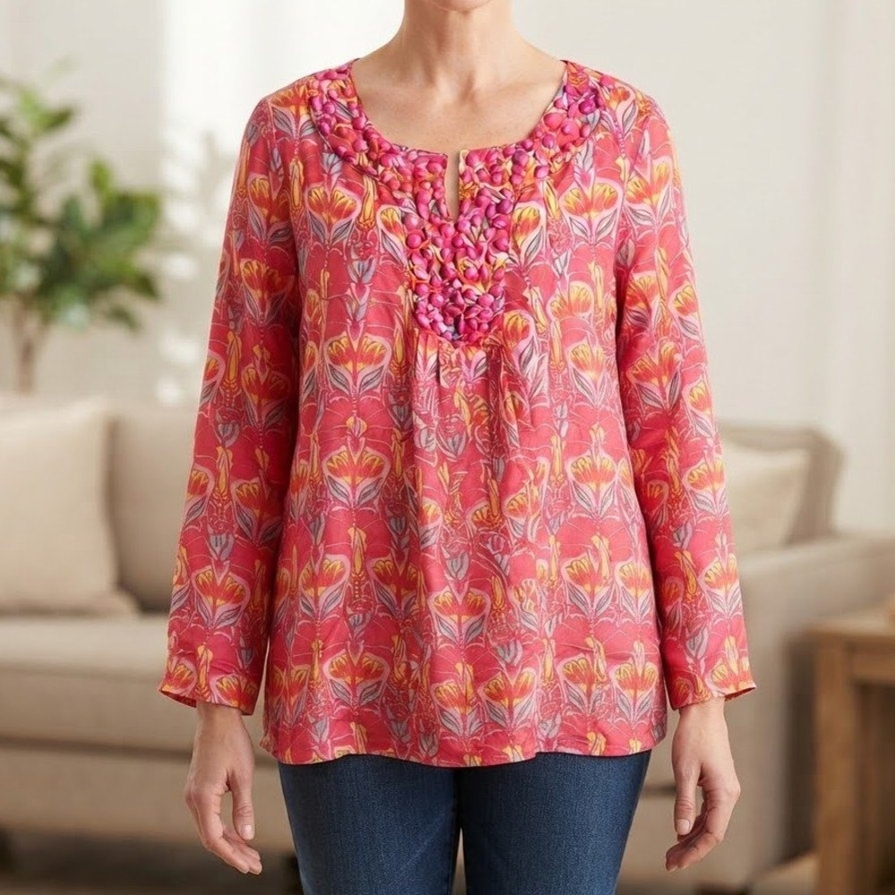 Vintage Silk Tunic Top Womens 2X Pink Beaded Floral Art Nouveau Boho Luxury Chic